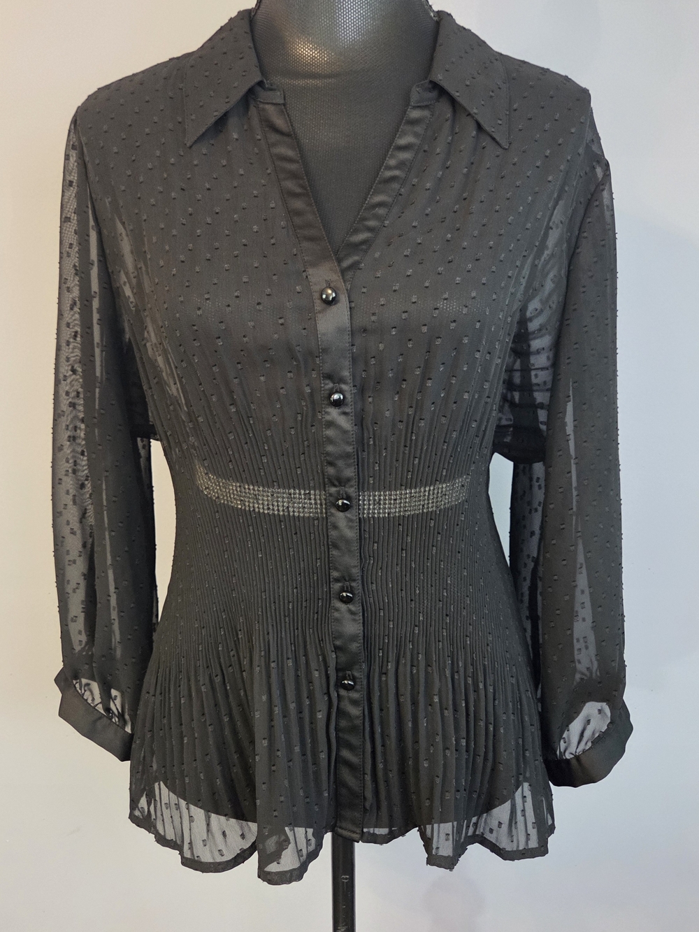 VTG Swiss Dot Pleated Blouse Black Size XL NWOT Whimsical Goth Fairy Chic Y2K